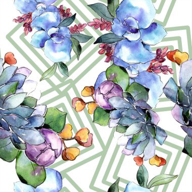 Sulu boya renkli buket çiçek. Botanik çiçek. Sorunsuz arka plan deseni. Kumaş duvar kağıdı yazdırma doku. Arka plan, doku, sarıcı desen, kenarlık için Aquarelle kır çiçeği.