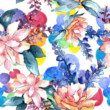 Sulu boya renkli buket çiçek. Botanik çiçek. Sorunsuz arka plan deseni. Kumaş duvar kağıdı yazdırma doku. Arka plan, doku, sarıcı desen, kenarlık için Aquarelle kır çiçeği.