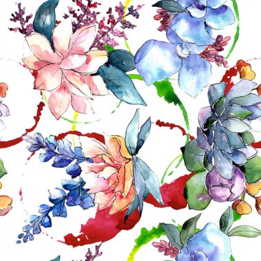 Sulu boya renkli buket çiçek. Botanik çiçek. Sorunsuz arka plan deseni. Kumaş duvar kağıdı yazdırma doku. Arka plan, doku, sarıcı desen, kenarlık için Aquarelle kır çiçeği.