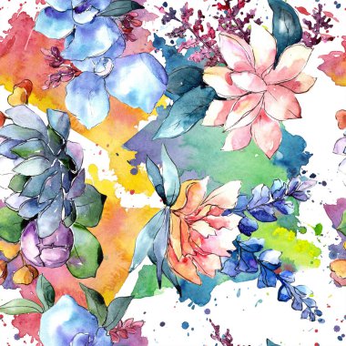 Sulu boya renkli buket çiçek. Botanik çiçek. Sorunsuz arka plan deseni. Kumaş duvar kağıdı yazdırma doku. Arka plan, doku, sarıcı desen, kenarlık için Aquarelle kır çiçeği.