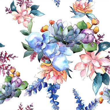 Sulu boya renkli buket çiçek. Botanik çiçek. Sorunsuz arka plan deseni. Kumaş duvar kağıdı yazdırma doku. Arka plan, doku, sarıcı desen, kenarlık için Aquarelle kır çiçeği.