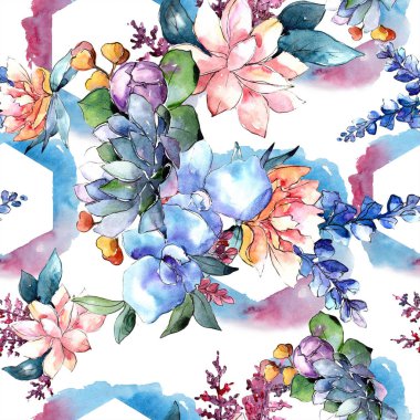 Sulu boya renkli buket çiçek. Botanik çiçek. Sorunsuz arka plan deseni. Kumaş duvar kağıdı yazdırma doku. Arka plan, doku, sarıcı desen, kenarlık için Aquarelle kır çiçeği.