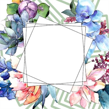 Sulu boya renkli buket çiçek. Botanik çiçek. Çerçeve kenarlığı süsleme Meydanı. Arka plan, doku, sarıcı desen, çerçeve veya kenarlık için Aquarelle kır çiçeği.