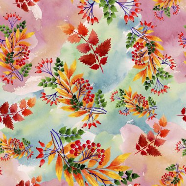 Yaprak suluboya sonbahar süsleme. Yaprak bitki botanik bahçe çiçek yaprakları. Sorunsuz arka plan deseni. Kumaş duvar kağıdı yazdırma doku. Aquarelle yaprak için arka plan, doku, sarıcı desen.