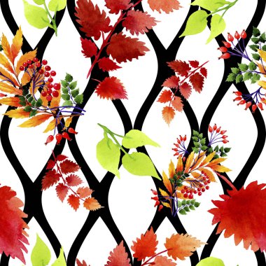 Yaprak suluboya sonbahar süsleme. Yaprak bitki botanik bahçe çiçek yaprakları. Sorunsuz arka plan deseni. Kumaş duvar kağıdı yazdırma doku. Aquarelle yaprak için arka plan, doku, sarıcı desen.