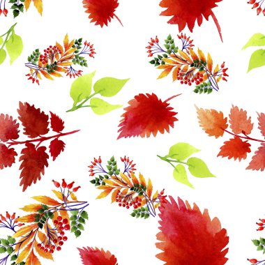 Yaprak suluboya sonbahar süsleme. Yaprak bitki botanik bahçe çiçek yaprakları. Sorunsuz arka plan deseni. Kumaş duvar kağıdı yazdırma doku. Aquarelle yaprak için arka plan, doku, sarıcı desen.