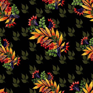 Yaprak suluboya sonbahar süsleme. Yaprak bitki botanik bahçe çiçek yaprakları. Sorunsuz arka plan deseni. Kumaş duvar kağıdı yazdırma doku. Aquarelle yaprak için arka plan, doku, sarıcı desen.