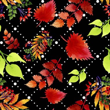 Yaprak suluboya sonbahar süsleme. Yaprak bitki botanik bahçe çiçek yaprakları. Sorunsuz arka plan deseni. Kumaş duvar kağıdı yazdırma doku. Aquarelle yaprak için arka plan, doku, sarıcı desen.