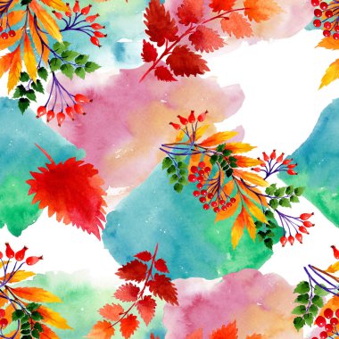 Yaprak suluboya sonbahar süsleme. Yaprak bitki botanik bahçe çiçek yaprakları. Sorunsuz arka plan deseni. Kumaş duvar kağıdı yazdırma doku. Aquarelle yaprak için arka plan, doku, sarıcı desen.