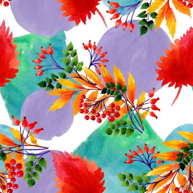 Yaprak suluboya sonbahar süsleme. Yaprak bitki botanik bahçe çiçek yaprakları. Sorunsuz arka plan deseni. Kumaş duvar kağıdı yazdırma doku. Aquarelle yaprak için arka plan, doku, sarıcı desen.