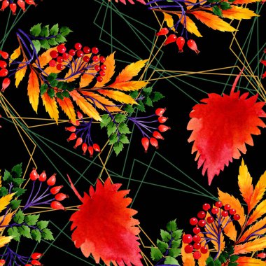 Yaprak suluboya sonbahar süsleme. Yaprak bitki botanik bahçe çiçek yaprakları. Sorunsuz arka plan deseni. Kumaş duvar kağıdı yazdırma doku. Aquarelle yaprak için arka plan, doku, sarıcı desen.