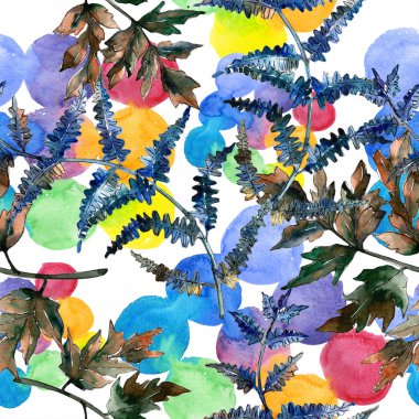 Mavi eğreltiotu yaprakları. Yaprak fren bitki botanik bahçe çiçek yaprakları. Sorunsuz arka plan deseni. Kumaş duvar kağıdı yazdırma doku. Aquarelle yaprak için arka plan, doku, sarıcı desen.