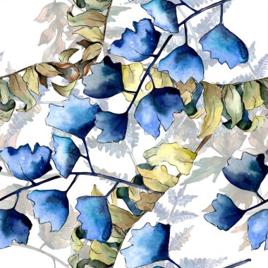 Mavi eğreltiotu yaprakları. Yaprak fren bitki botanik bahçe çiçek yaprakları. Sorunsuz arka plan deseni. Kumaş duvar kağıdı yazdırma doku. Aquarelle yaprak için arka plan, doku, sarıcı desen.