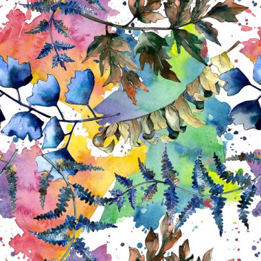 Mavi eğreltiotu yaprakları. Yaprak fren bitki botanik bahçe çiçek yaprakları. Sorunsuz arka plan deseni. Kumaş duvar kağıdı yazdırma doku. Aquarelle yaprak için arka plan, doku, sarıcı desen.