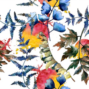 Mavi eğreltiotu yaprakları. Yaprak fren bitki botanik bahçe çiçek yaprakları. Sorunsuz arka plan deseni. Kumaş duvar kağıdı yazdırma doku. Aquarelle yaprak için arka plan, doku, sarıcı desen.