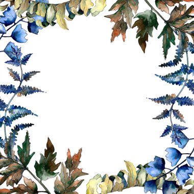 Mavi eğreltiotu yaprakları. Yaprak fren bitki botanik bahçe çiçek yaprakları. Çerçeve kenarlığı süsleme Meydanı. Aquarelle yaprak için arka plan, doku, sarıcı desen, çerçeve veya kenarlık.