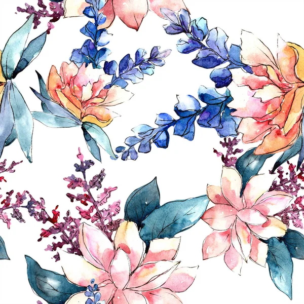 Sulu boya renkli buket çiçek. Botanik çiçek. Sorunsuz arka plan deseni. Kumaş duvar kağıdı yazdırma doku. Arka plan, doku, sarıcı desen, kenarlık için Aquarelle kır çiçeği.