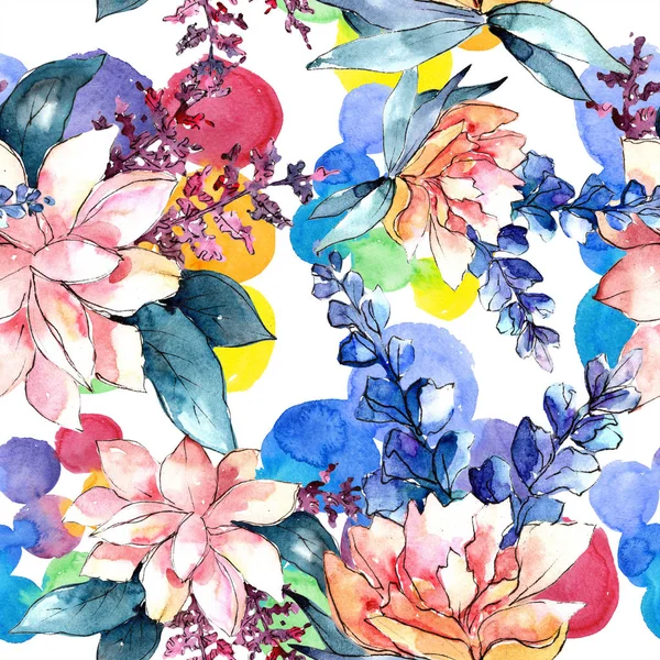 Sulu boya renkli buket çiçek. Botanik çiçek. Sorunsuz arka plan deseni. Kumaş duvar kağıdı yazdırma doku. Arka plan, doku, sarıcı desen, kenarlık için Aquarelle kır çiçeği.