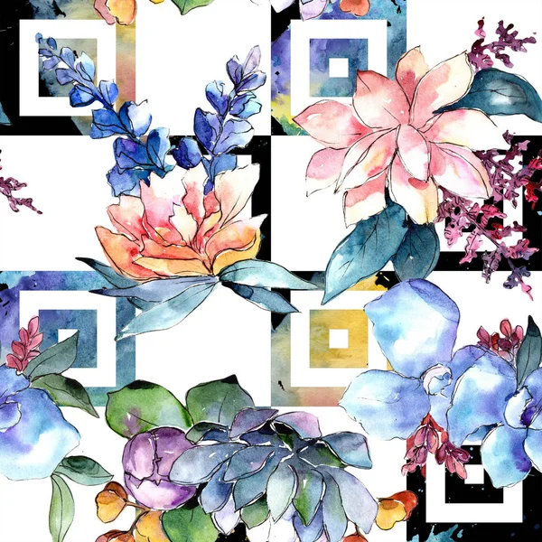 Watercolor Colorful Bouquet Flower Floral Botanical Flower Seamless Background Pattern — Stock Photo, Image