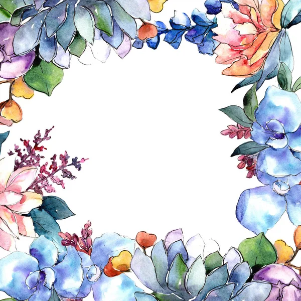 Sulu Boya Renkli Buket Çiçek Botanik Çiçek Çerçeve Kenarlığı Süsleme — Stok fotoğraf