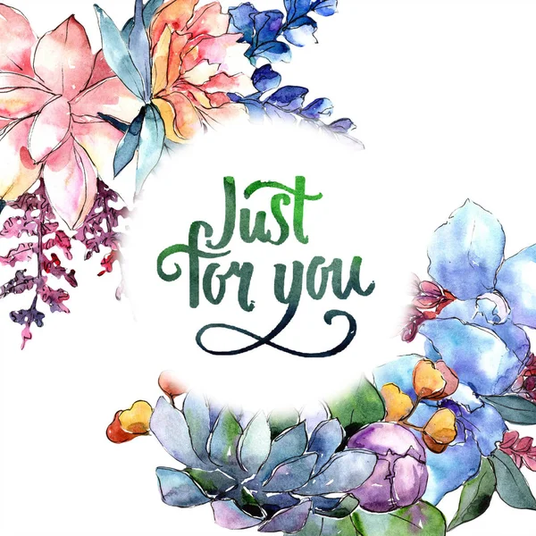 Sulu boya renkli buket çiçek. Botanik çiçek. Çerçeve kenarlığı süsleme Meydanı. Arka plan, doku, sarıcı desen, çerçeve veya kenarlık için Aquarelle kır çiçeği.