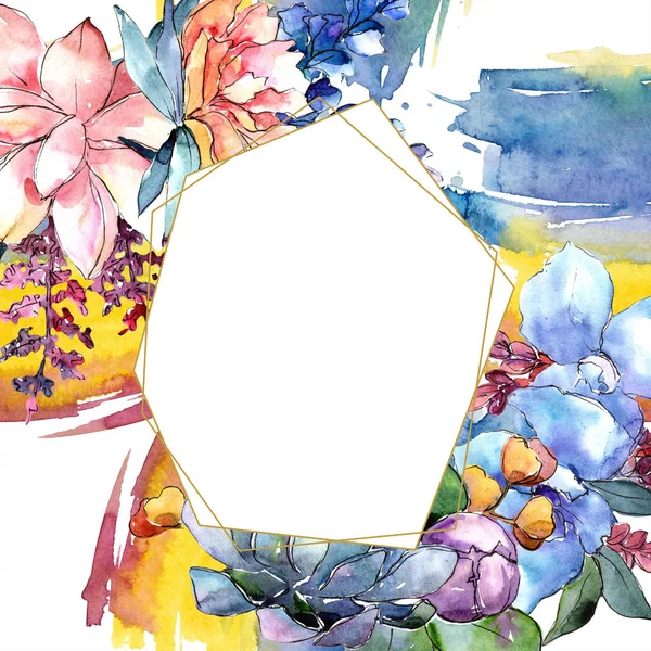 Akvarell Färgglad Bukett Blomma Blommig Botaniska Blomma Ram Gränsen Prydnad — Stockfoto