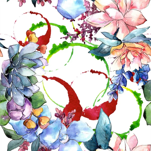 Sulu boya renkli buket çiçek. Botanik çiçek. Sorunsuz arka plan deseni. Kumaş duvar kağıdı yazdırma doku. Arka plan, doku, sarıcı desen, kenarlık için Aquarelle kır çiçeği.
