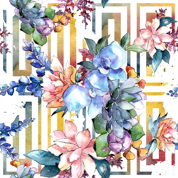 Sulu boya renkli buket çiçek. Botanik çiçek. Sorunsuz arka plan deseni. Kumaş duvar kağıdı yazdırma doku. Arka plan, doku, sarıcı desen, kenarlık için Aquarelle kır çiçeği.