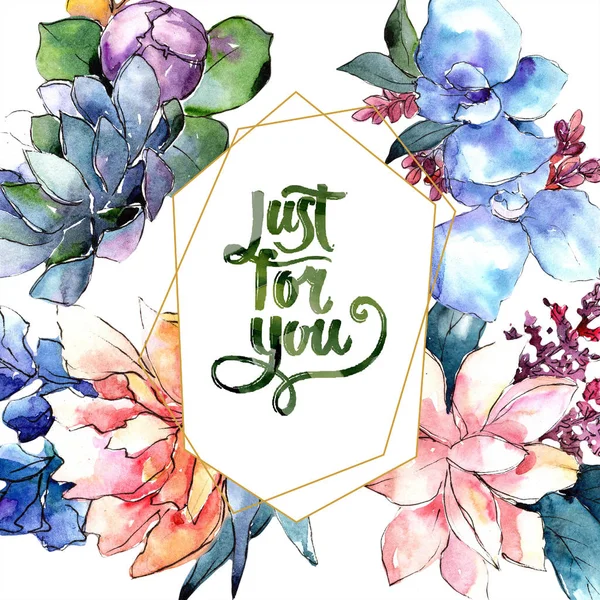 Sulu boya renkli buket çiçek. Botanik çiçek. Çerçeve kenarlığı süsleme Meydanı. Arka plan, doku, sarıcı desen, çerçeve veya kenarlık için Aquarelle kır çiçeği.