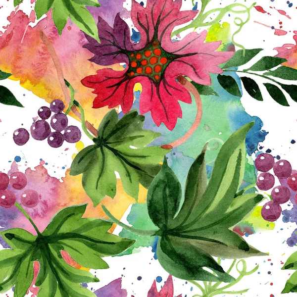 Watercolor ornament of leaves and flowers. Floral botanical flower. Seamless background pattern. Fabric wallpaper print texture. Aquarelle wildflower for background, texture, wrapper pattern.