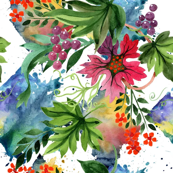 Akvarell Prydnad Blad Och Blommor Blommig Botaniska Blomma Sömlös Bakgrundsmönster — Stockfoto