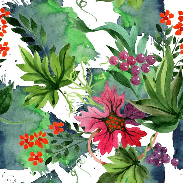 Aquarell Ornament Aus Blättern Und Blumen Blütenbotanische Blume Nahtlose Hintergrundmuster — Stockfoto