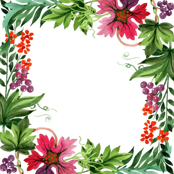 Decorazione Acquerello Foglie Fiori Fiore Botanico Floreale Quadrato Ornamento Bordo — Foto Stock