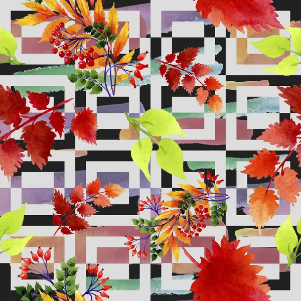 Yaprak suluboya sonbahar süsleme. Yaprak bitki botanik bahçe çiçek yaprakları. Sorunsuz arka plan deseni. Kumaş duvar kağıdı yazdırma doku. Aquarelle yaprak için arka plan, doku, sarıcı desen.