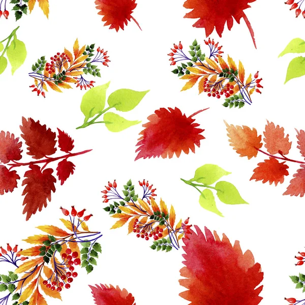 Yaprak suluboya sonbahar süsleme. Yaprak bitki botanik bahçe çiçek yaprakları. Sorunsuz arka plan deseni. Kumaş duvar kağıdı yazdırma doku. Aquarelle yaprak için arka plan, doku, sarıcı desen.