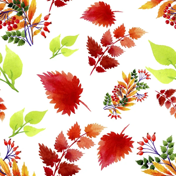 Watercolor autumn ornament of leaves. Leaf plant botanical garden floral foliage. Seamless background pattern. Fabric wallpaper print texture. Aquarelle leaf for background, texture, wrapper pattern.