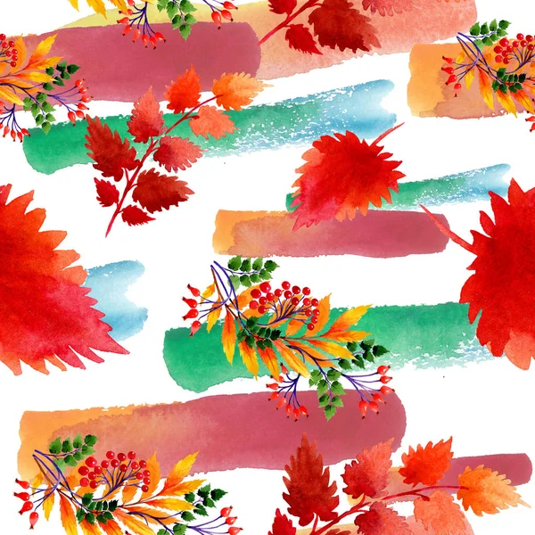 Yaprak suluboya sonbahar süsleme. Yaprak bitki botanik bahçe çiçek yaprakları. Sorunsuz arka plan deseni. Kumaş duvar kağıdı yazdırma doku. Aquarelle yaprak için arka plan, doku, sarıcı desen.