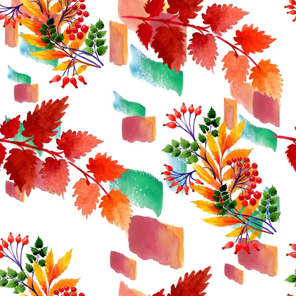 Watercolor autumn ornament of leaves. Leaf plant botanical garden floral foliage. Seamless background pattern. Fabric wallpaper print texture. Aquarelle leaf for background, texture, wrapper pattern.