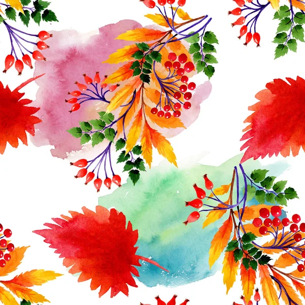 Watercolor autumn ornament of leaves. Leaf plant botanical garden floral foliage. Seamless background pattern. Fabric wallpaper print texture. Aquarelle leaf for background, texture, wrapper pattern.