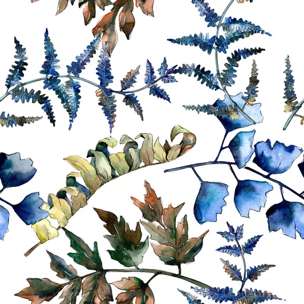 蓝蕨叶 叶子刹车植物植物园花卉叶子 无缝的背景图案 织物墙纸打印纹理 包装图案的水彩画叶 — 图库照片