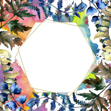 Mavi eğreltiotu yaprakları. Yaprak fren bitki botanik bahçe çiçek yaprakları. Çerçeve kenarlığı süsleme Meydanı. Aquarelle yaprak için arka plan, doku, sarıcı desen, çerçeve veya kenarlık.