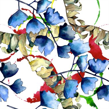 Mavi eğreltiotu yaprakları. Yaprak fren bitki botanik bahçe çiçek yaprakları. Sorunsuz arka plan deseni. Kumaş duvar kağıdı yazdırma doku. Aquarelle yaprak için arka plan, doku, sarıcı desen.