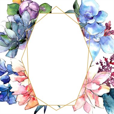 Sulu boya renkli buket çiçek. Botanik çiçek. Çerçeve kenarlığı süsleme Meydanı. Arka plan, doku, sarıcı desen, çerçeve veya kenarlık için Aquarelle kır çiçeği.