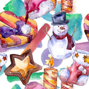 Noel kış tatil sembolü suluboya tarzında. 2018 domuz yıl, mutlu tatiller. Sorunsuz arka plan deseni. Aquarelle Noel kartı için arka plan, doku, sarıcı desen, çerçeve veya kenarlık.