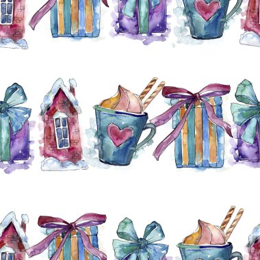 Noel kış tatil sembolü suluboya tarzında. Sorunsuz arka plan deseni. Kumaş duvar kağıdı yazdırma doku. Aquarelle Noel kartı için arka plan, doku, sarıcı desen, çerçeve veya kenarlık.