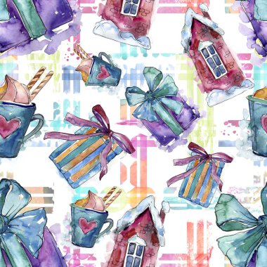 Noel kış tatil sembolü suluboya tarzında. Sorunsuz arka plan deseni. Kumaş duvar kağıdı yazdırma doku. Aquarelle Noel kartı için arka plan, doku, sarıcı desen, çerçeve veya kenarlık.