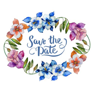 Sulu boya renkli aquilegia çiçek. Botanik çiçek. Çerçeve kenarlığı süsleme Meydanı. Arka plan, doku, sarıcı desen, çerçeve veya kenarlık için Aquarelle kır çiçeği.