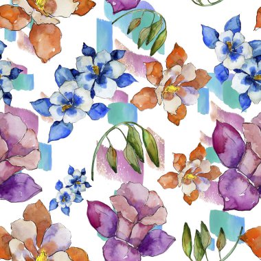 Sulu boya renkli aquilegia çiçek. Botanik çiçek. Sorunsuz arka plan deseni. Kumaş duvar kağıdı yazdırma doku. Arka plan, doku, sarıcı desen, çerçeve için Aquarelle kır çiçeği.