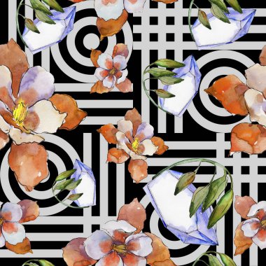 Sulu boya renkli aquilegia çiçek. Botanik çiçek. Sorunsuz arka plan deseni. Kumaş duvar kağıdı yazdırma doku. Arka plan, doku, sarıcı desen, çerçeve için Aquarelle kır çiçeği.