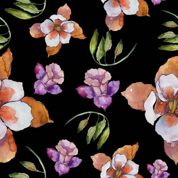 Sulu boya renkli aquilegia çiçek. Botanik çiçek. Sorunsuz arka plan deseni. Kumaş duvar kağıdı yazdırma doku. Arka plan, doku, sarıcı desen, çerçeve için Aquarelle kır çiçeği.